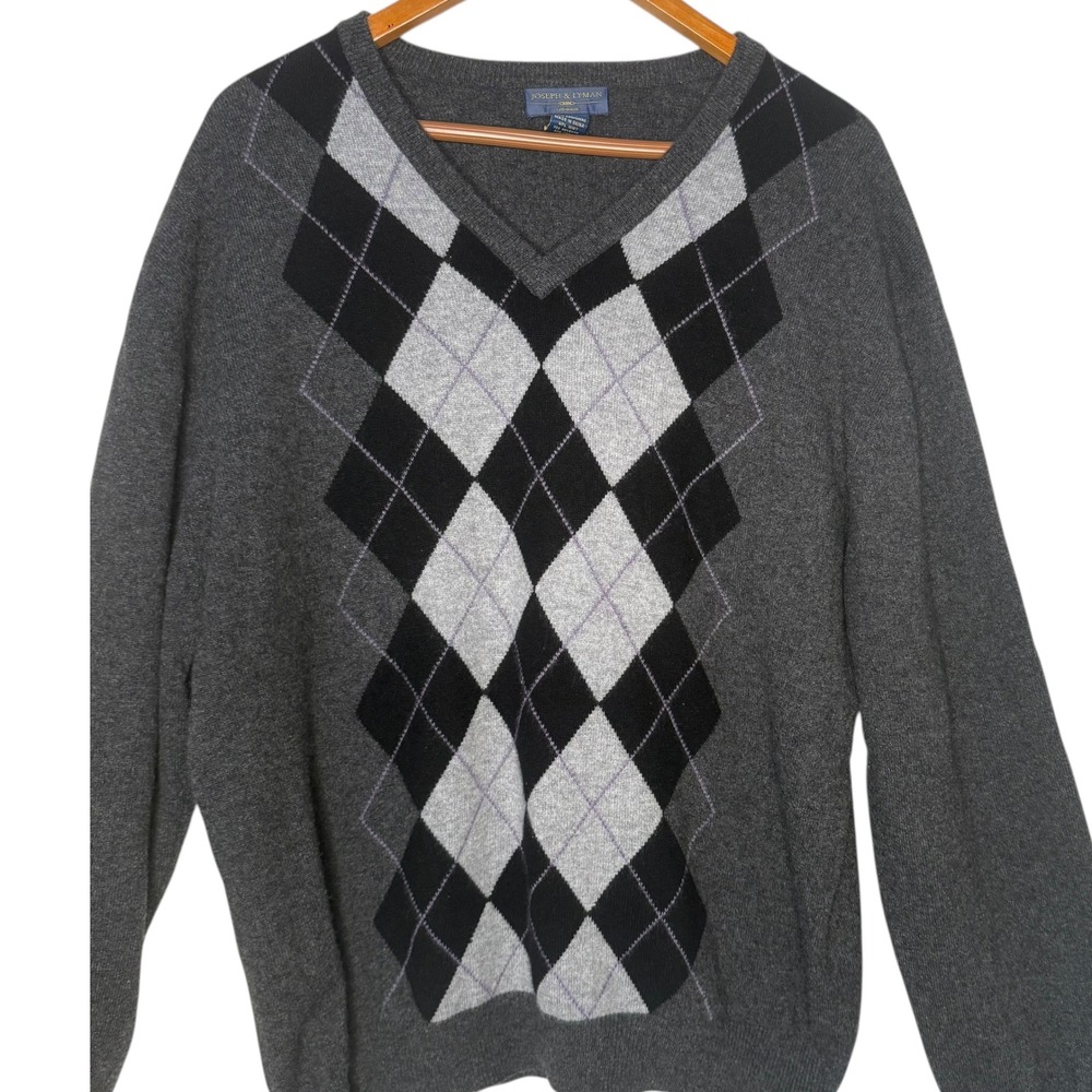 Joseph & Lyman 100% Cashmere Pullover Sweater Mens XXL Argyle Academia Preppy